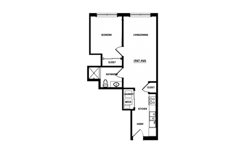 Floor plan for 1 bed, 1 bath, 523 sqft