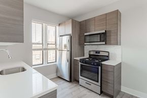 Chicago apartment for rent - a kitchen with stainless steel appliances and wooden cabinets