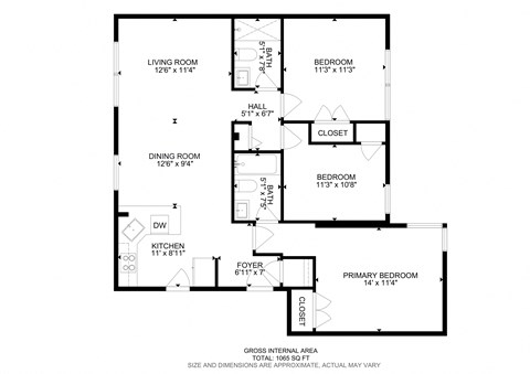 Floor plan for 3 beds, 2 baths, 1065 sqft