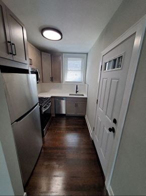Chicago apartment for rent - a kitchen with stainless steel appliances and a white door
