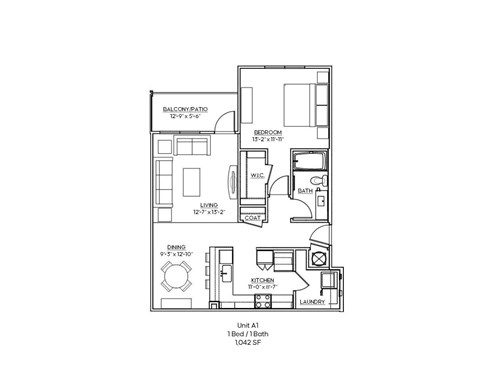 Floor plan for 1 bed, 1 bath, 1042 sqft