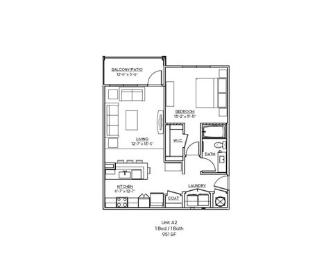 Floor plan for 1 bed, 1 bath, 951 sqft
