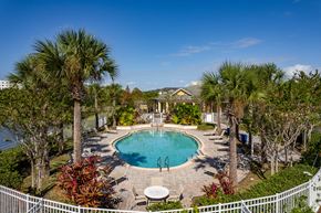 Kissimmee apartment for rent - A pool surrounded by palm trees and a white fence.