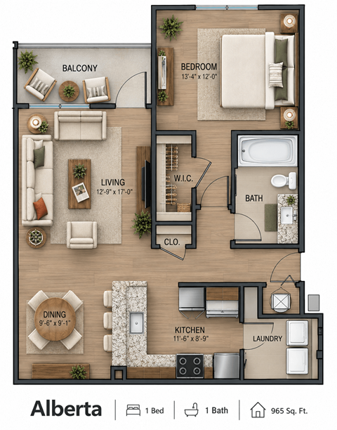 Floor plan for 1 bed, 1 bath, 965 sqft