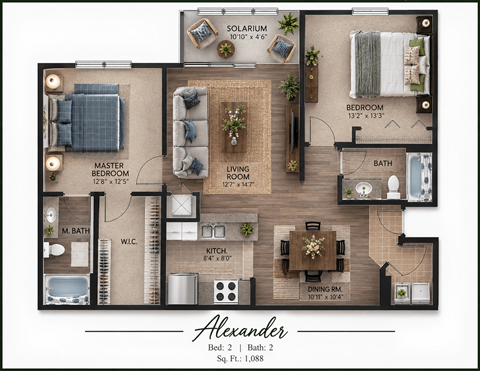 Floor plan for 2 beds, 2 baths, 1088 sqft