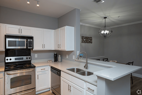 Lafayette apartment for rent - A modern kitchen with white cabinets and stainless steel appliances.