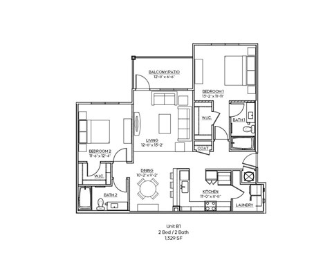 Floor plan for 2 beds, 2 baths, 1329 sqft