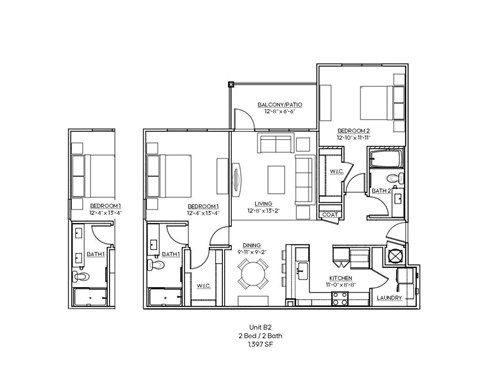 Floor plan for 2 beds, 2 baths, 1397 sqft