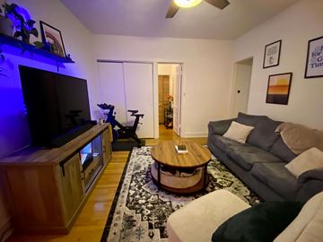 Chicago apartment for rent - A living room with a grey couch and a wooden coffee table.