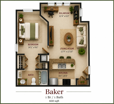 Floor plan for 1 bed, 1 bath, 600 sqft