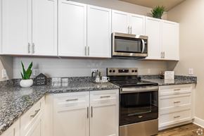 Mount Dora apartment for rent - A kitchen with white cabinets and a granite countertop.