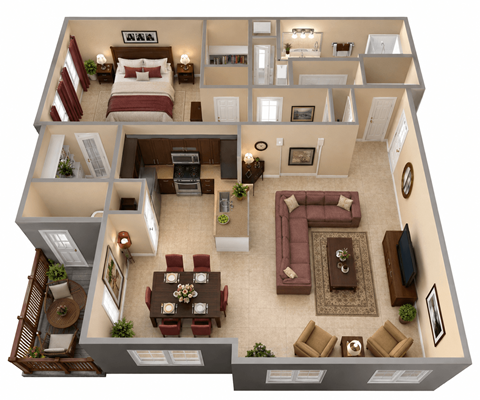 Floor plan for 1 bed, 1 bath, 965 sqft