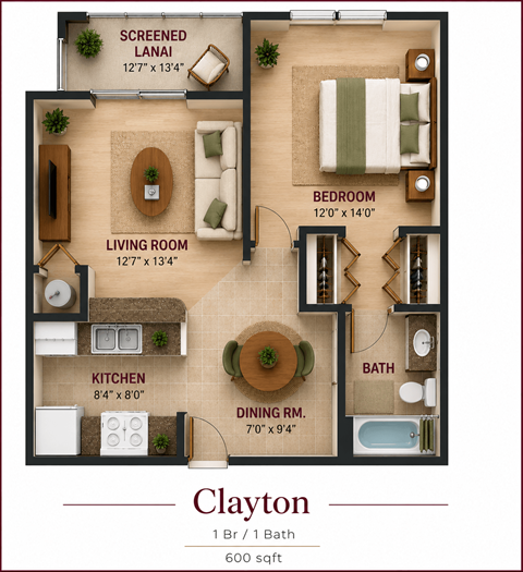 Floor plan for 1 bed, 1 bath, 684 sqft