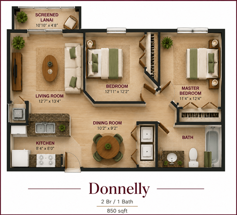 Floor plan for 2 beds, 1 bath, 947 sqft