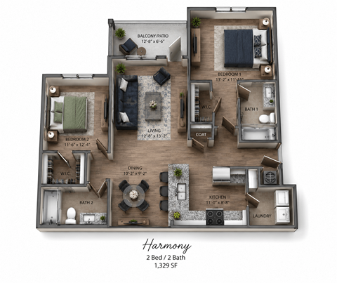 Floor plan for 2 beds, 2 baths, 1329 sqft