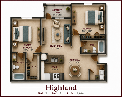 Floor plan for 2 beds, 2 baths, 1044 sqft