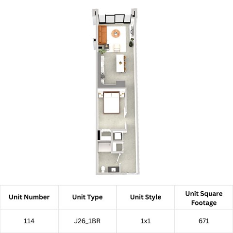 Floor plan for 1 bed, 1 bath, 676 sqft