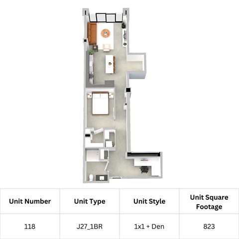 Floor plan for 1 bed, 1 bath, 823 sqft