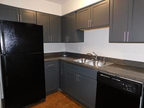 Evanston apartment for rent - A black refrigerator stands in a kitchen with grey cabinets.