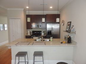 Evanston apartment for rent - a kitchen with a bar and a stainless steel refrigerator