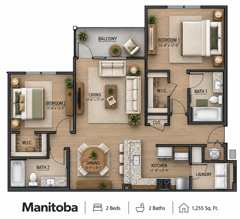 Floor plan for 2 beds, 2 baths, 1255 sqft