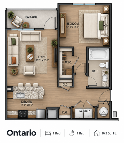 Floor plan for 1 bed, 1 bath, 873 sqft