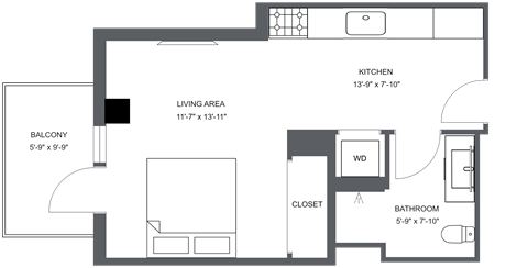 Floor plan for studio, 1 bath, 400 sqft