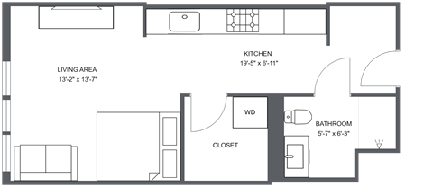 Floor plan for studio, 1 bath, 443 sqft