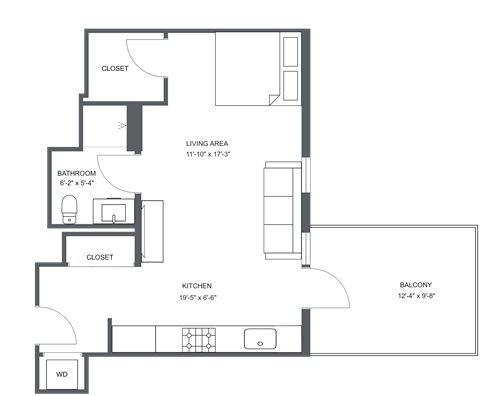 Floor plan for studio, 1 bath, 475 sqft