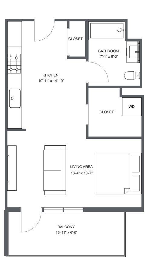 Floor plan for studio, 1 bath, 514 sqft