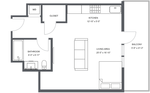 Floor plan for studio, 1 bath, 533 sqft