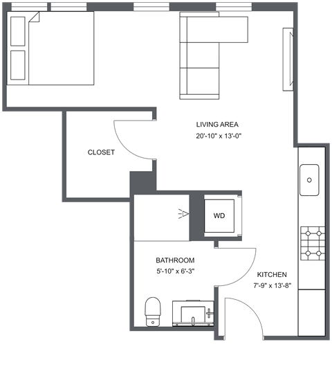 Floor plan for studio, 1 bath, 452 sqft