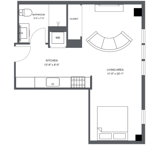 Floor plan for studio, 1 bath, 527 sqft