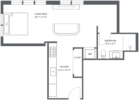 Floor plan for studio, 1 bath, 534 sqft