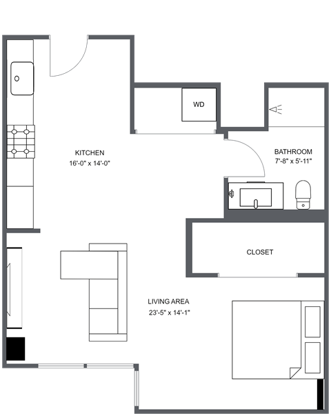 Floor plan for studio, 1 bath, 594 sqft