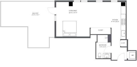 Floor plan for studio, 1 bath, 597 sqft