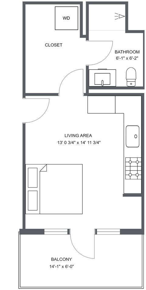 Floor plan for studio, 1 bath, 372 sqft