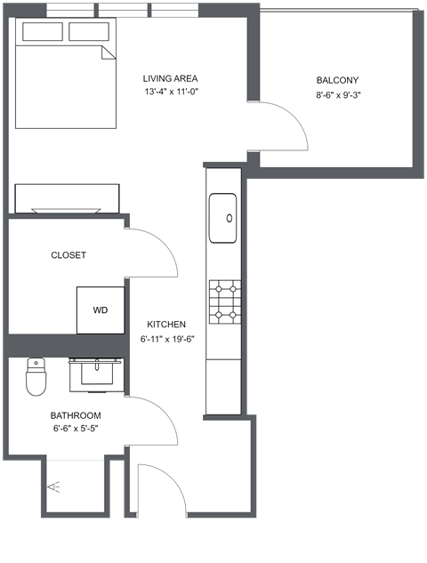 Floor plan for studio, 1 bath, 413 sqft