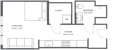 Floor plan for studio, 1 bath, 439 sqft