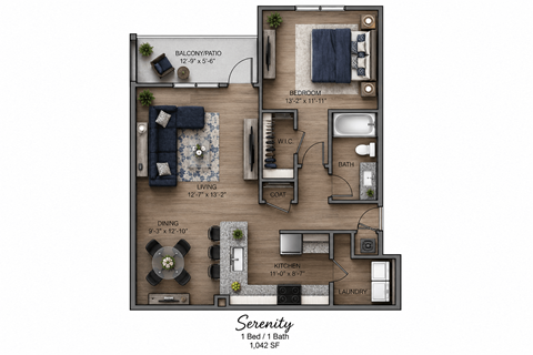 Floor plan for 1 bed, 1 bath, 1042 sqft