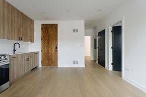 Chicago apartment for rent - A kitchen with wooden cabinets and a black oven.
