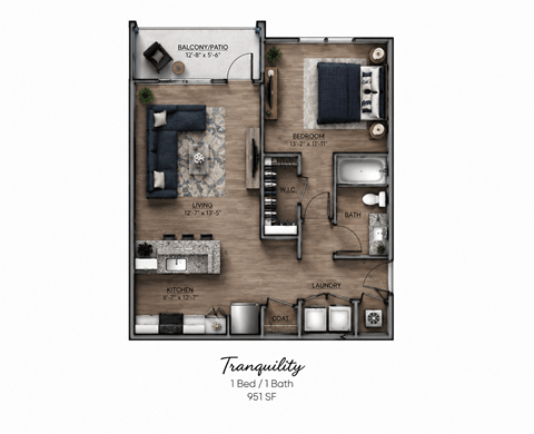 Floor plan for 1 bed, 1 bath, 951 sqft