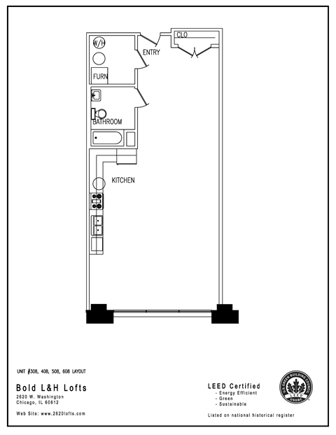 Floor plan for 1 bed, 1 bath, 886 sqft
