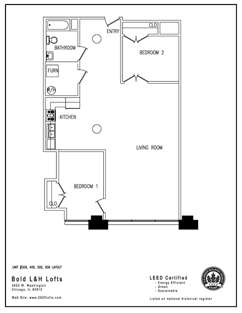 Floor plan for 2 beds, 1 bath, 1265 sqft