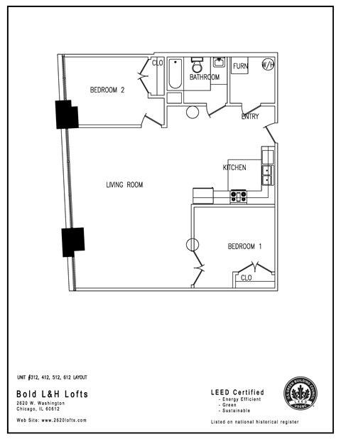 Floor plan for 2 beds, 1 bath, 1115 sqft