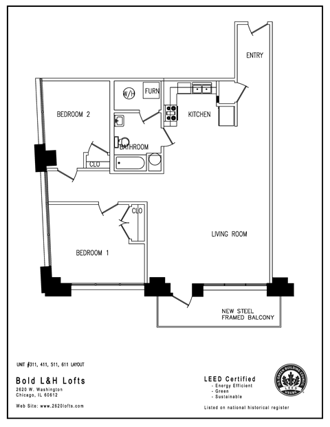 Floor plan for 2 beds, 1 bath, 1126 sqft