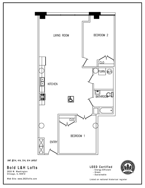 Floor plan for 2 beds, 1 bath, 1266 sqft