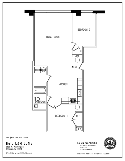 Floor plan for 1 bed, 1 bath