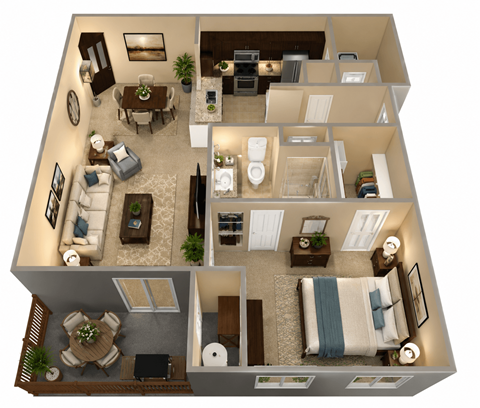 Floor plan for 1 bed, 1 bath, 852 sqft
