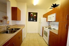 Clermont apartment for rent - A kitchen with a fridge, microwave, and oven.